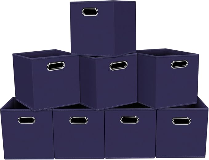 Fabric storage bins Cubes, Fabric Cube Organizer with Handle, Foldable Cube Bins for Cloth or Accessary Storage, 11x11x11, Set of 8, (Navy Blue) by Yunkeeper