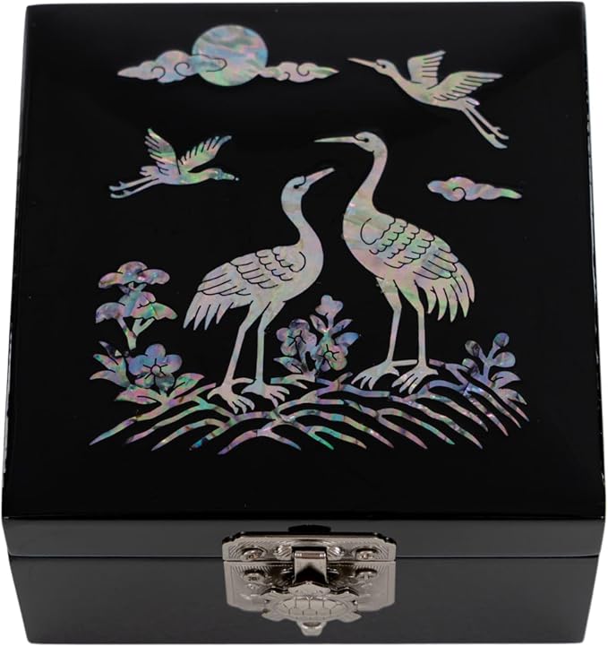 February Mountain Mother of Pearl Mini Jewelry Box - Organizer for Earring Necklace Ring & Bracelet Jewelry Display Storage Case for Woman Unique Gifts (Crane_Black) by FebruaryMountain