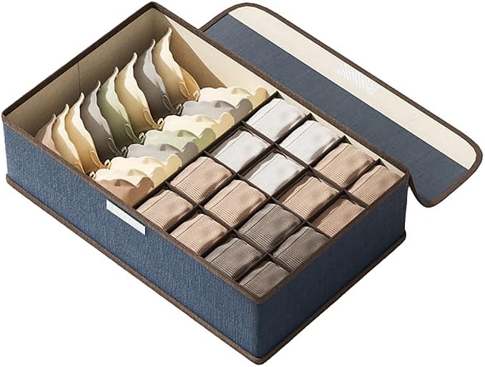 Drawer Organizer with Lid for Clothing, 1+16 Cells Sock Underwear Drawer Organizer Bins, Foldable Fabric Closet Organizers and Storage, Drawer Dividers for Bra, Scarves, Belt, Tie (Navy Blue) by Mrsnimou