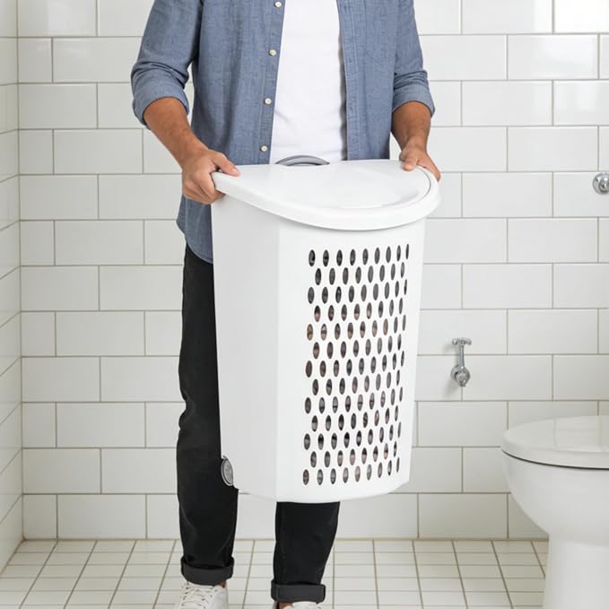 White Laundry Basket, Laundry Hamper with Lid & Wheels, Hamper with Retractable Handle, Ventilated Hamper Basket for Bedroom, Bathroom, and Laundry Room, School Dormitory - Image 4