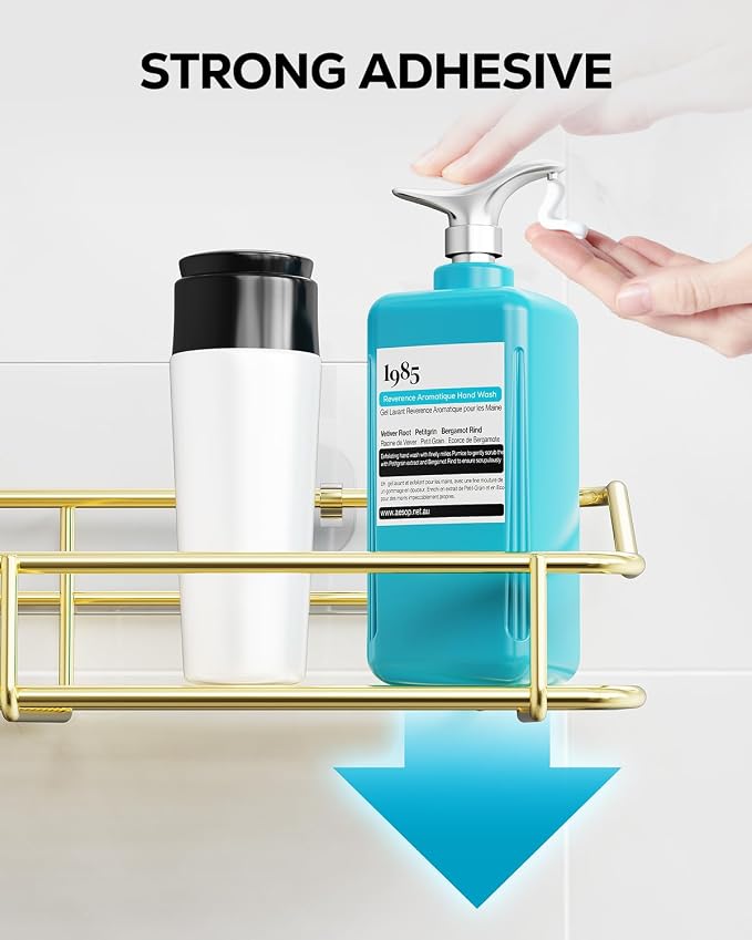 Nieifi Shower Caddy Shelf Storage Rack Adhesive Without Drilling Stainless Steel with Hooks for Washroom, Lavatory, Restroom, Toilet, Bathroom, Kitchen - 2 Pack, Golden - Image 8