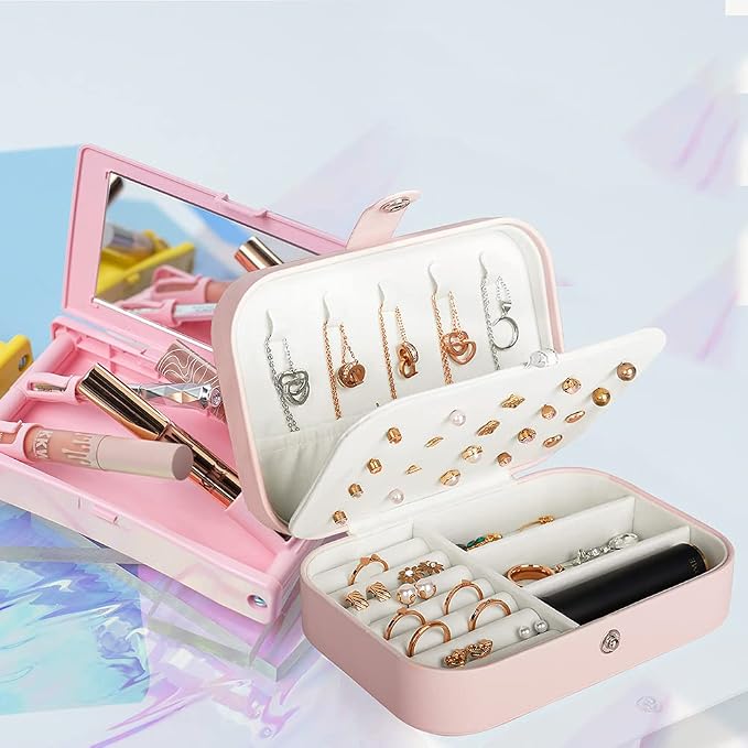 Hatori Travel Jewelry Box, PU Leather Small Jewelry Organizer for Women Girls, Portable Mini Travel Case Display Storage Holder Boxes for Stud Earrings, Rings, Necklaces, Bracelets (Pink) - Image 2