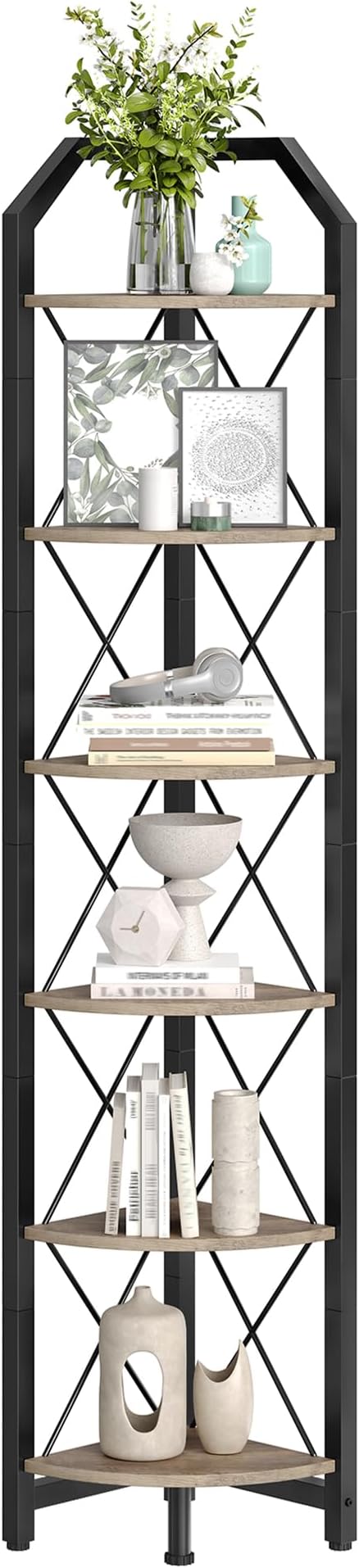 CHOEZON 6-Tier Corner Shelf, Industrial Corner Bookshelf, 71.2" Corner Storage Stand, Plant Stand Display Shelf, Corner Bookcase for Bedroom, Living Room, Home Office, Greige and Black TCJ11BG - Image 8