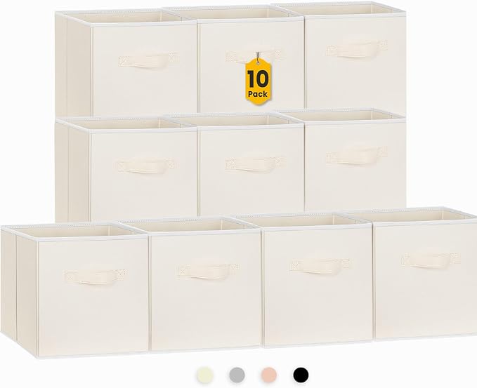 Criusia Storage Cubes, 11 Inch Clothes Storage Bins with Dual Handles (10 Pack), Fabric Collapsible Storage Bins for Shelves Closet, Cubby Organizer Bins for Clothing Toys Blanket Yarns (Beige) by Criusia