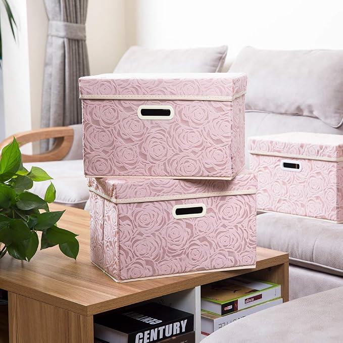 PRANDOM Collapsible Storage Boxes with Lids [5-Pack] Fabric Decorative Storage Bins Cubes Organizer Containers Baskets with Cover Handles Divider for Bedroom Closet Living Room Pink 14.9x9.8x9.8 Inch - Image 2