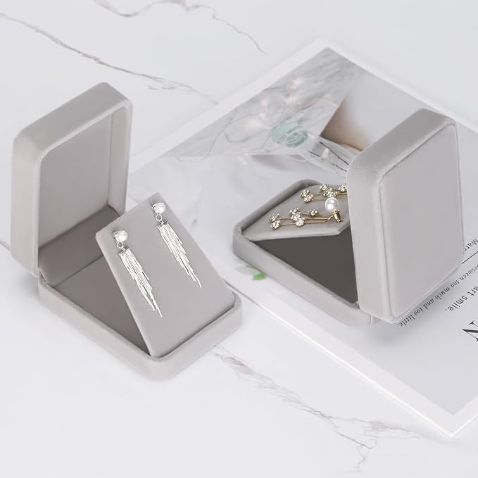 LETURE 2 Pieces Velvet Jewelry Gift Boxes for Necklace Pendant Earring Bracelet, Small Jewelry Storage Display Case for Christmas Wedding Engagement Birthday Anniversary (Grey) - Image 6