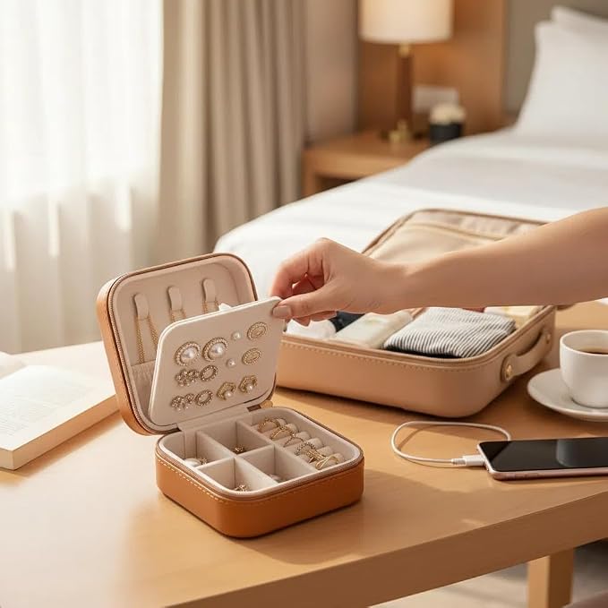 Travel Jewelry Box, PU Leather Small Jewelry Organizer for Women Girls, Portable Mini Travel Case Display Storage Holder Boxes for Stud Earrings, Rings, Necklaces (Brown) - Image 3