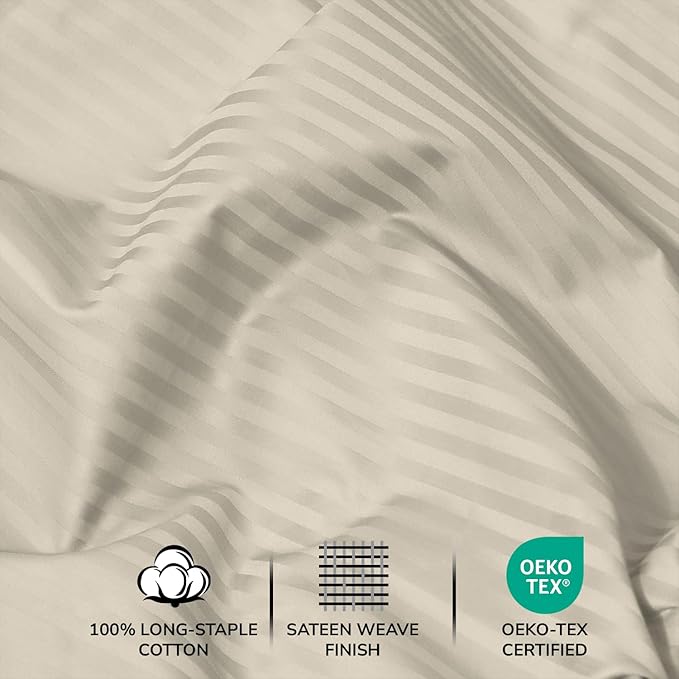 Feather & Stitch 500 TC Twin Size Damask Bed Sheet Set, 100% Cotton Soft Breathable Bedsheets, 3 Piece 18" Deep Pockets Sateen Weave Striped Bedding Mattress Resort Hotel Luxury- (Beige Stripe)