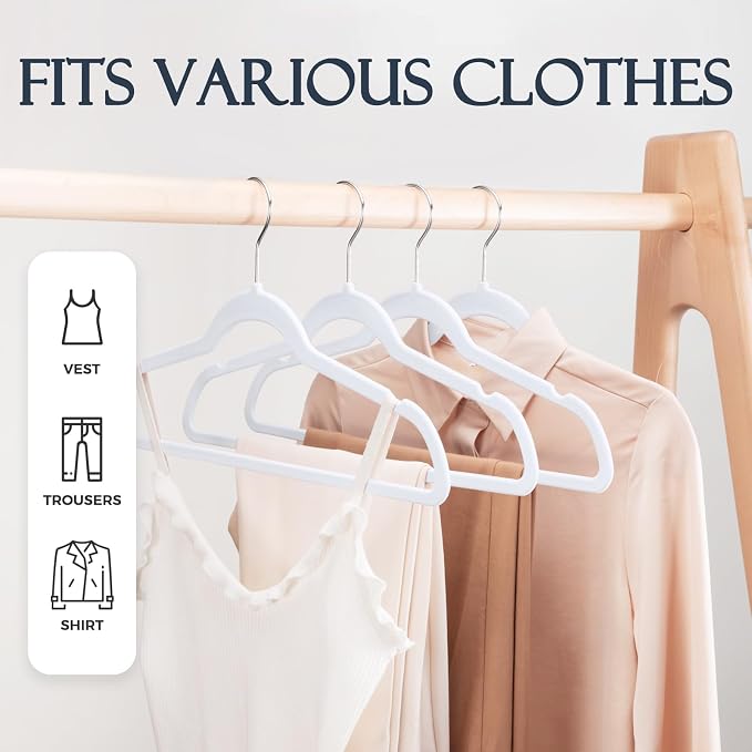 HOUSE DAY White Velvet Hangers 40 Pack, Non Slip Clothes Felt Hanger Heavy Duty for Coat, Premium Slim Space Saving Suit Hangers for Closet Organizer, 360° Rotating Silver Hook - Image 3