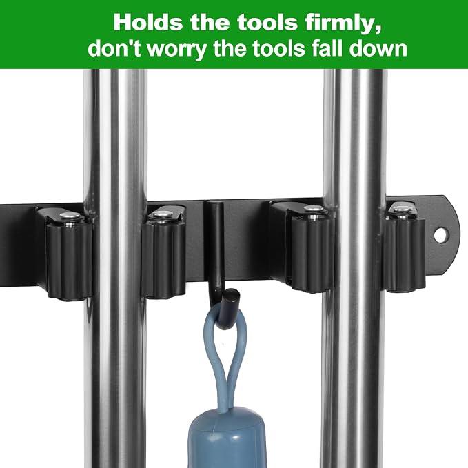 voze 3 Racks and 4 Hooks Mop and Broom Holder Wall Mount, Self Adhesive Heavy Duty Broom Organizer Storage Tool Racks for Kitchen Garden Laundry Garage - Image 5