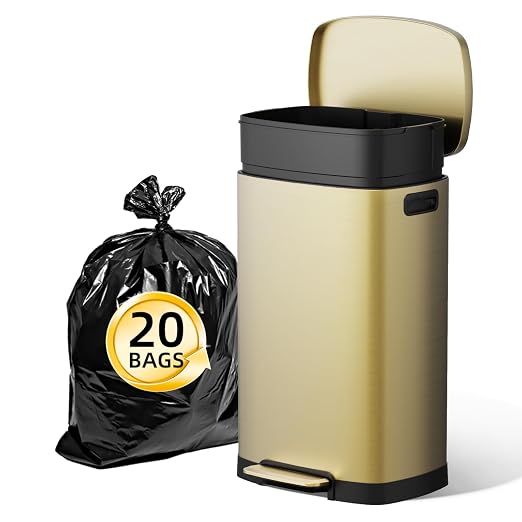 KUK 13 Gallon/50L Stainless Steel Kitchen Trash Can with Lid and Step Pedal-Large Capacity Garbage Bin with Odor Seal, Silent Close Lid, Removable Inner Bucket, Titanium Gold by KUK