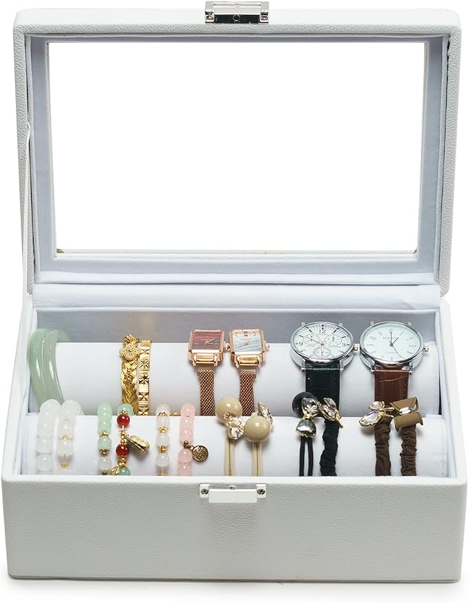 Bracelets Organizer Rods Bangles Display Holder, Clear See through Lid Leather Velvet Jewelry Storage Box Case for Women, 2 Rods White Leather by XHMQYCMakesAllBetter%E2%80%94LetGo