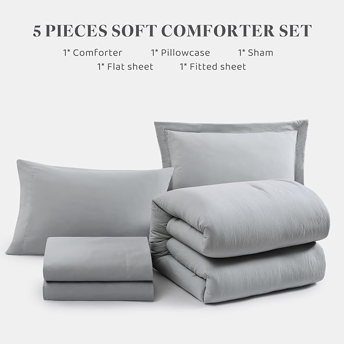 WRENSONGE Twin Comforter Set- 5 Pieces Light Grey Bed in a Bag, All Season Twin XL Bedding Sets with 1 Fitted Sheet, 1 Flat Sheet, 1 Pillow Sham and 1 Pillowcase