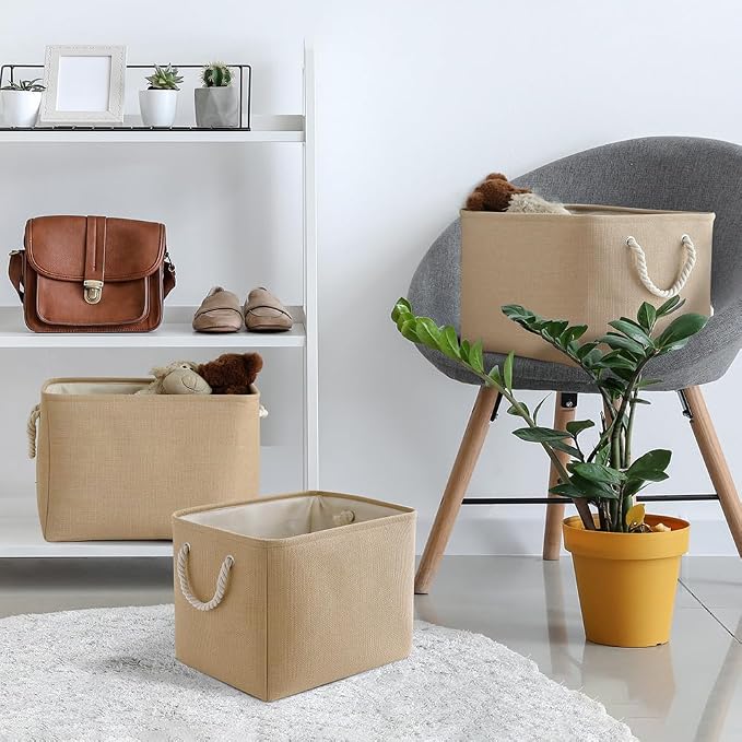 TheWarmHome Organization and Storage Basket for Organizing - 3 Pack 16x12x12 inch Cube Fabric Storage Cubes, Storage Bin for Shelves Gift Closet Organizer Cloth Toy (Beige) - Image 2