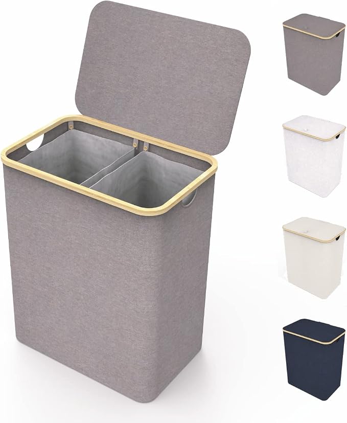 LONBET Laundry Basket with Lid, Made from Breathable Fabric | Aesthetic Clothes Hampers for Laundry with Side Handles & Sturdy Bamboo Frame (40 Gallons - Double, Gray) by Lonbet