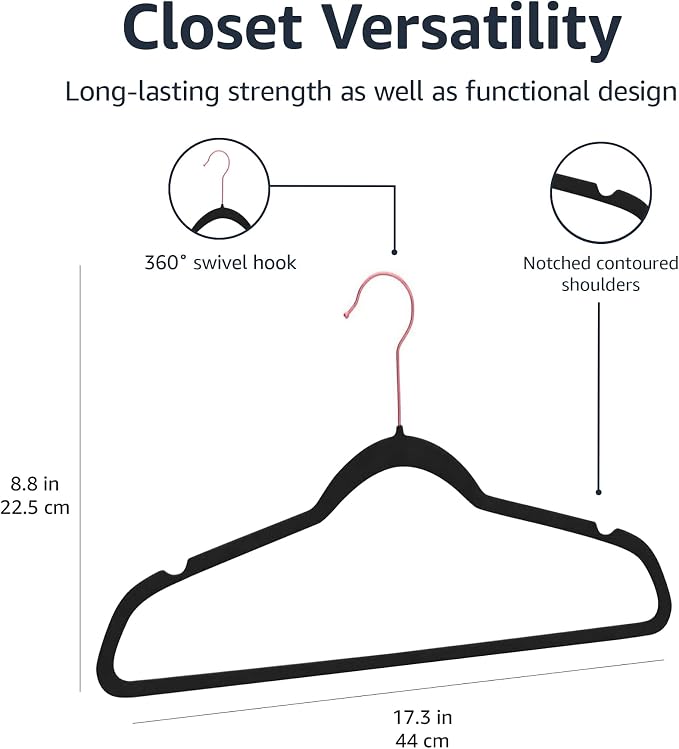 Amazon Basics Slim Velvet Non-Slip Space Saving Suit Clothes Hangers for Closet Organization, Black/Rose Gold, 50-Pack - Image 5
