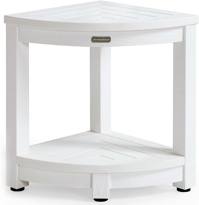 KaimuBench Corner Shower Stool for Inside Shower Waterproof, Poly Lumber Bathroom Shower Corner Bench Seat, Plastic Shower Chair Seat, Shower Shaving Foot Rest with Adjustable Feet, Non-Slip, White by KaimuBench
