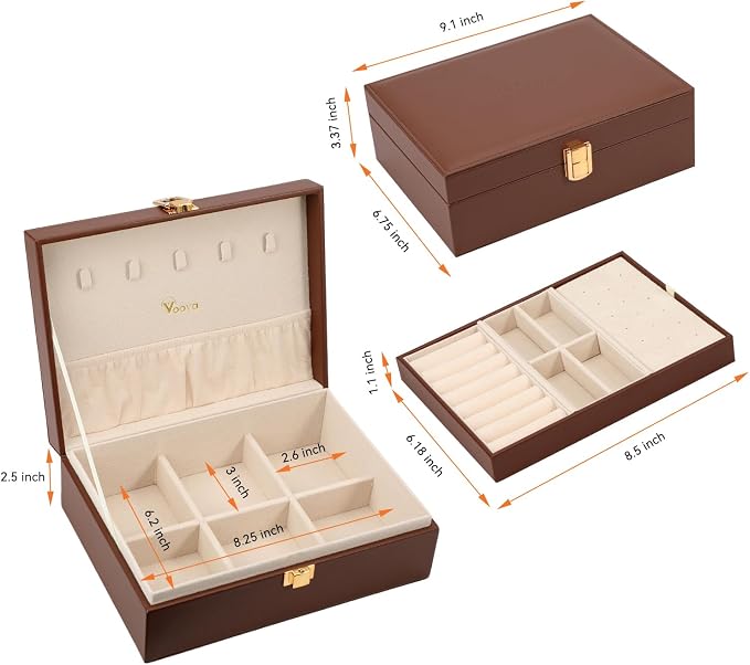 Voova Jewelry Box Organizer for Women Girls, 2 Layer Large Men Jewelry Storage Case, PU Leather Display Jewellery Holder with Removable Tray for Necklace Earrings Rings Bracelets, Caramel Brown - Image 6