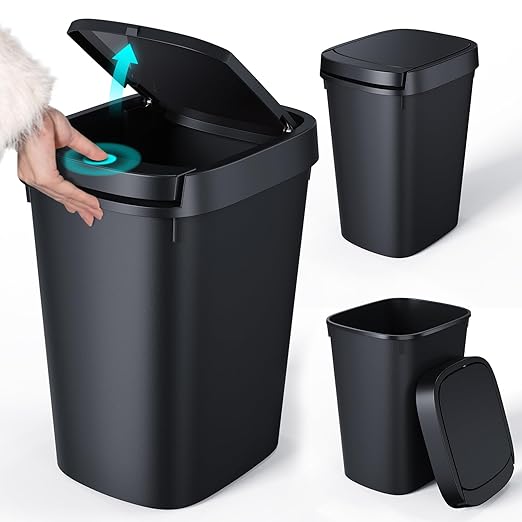 CEROELDA 3 Pack Slim Bathroom Trash Can, 10L/2.6 Gal with Press Top and Pop-up Lid, Plastic Wastebasket for Toilet, Office, Bedroom (Black) by WelcometoCEROELDA