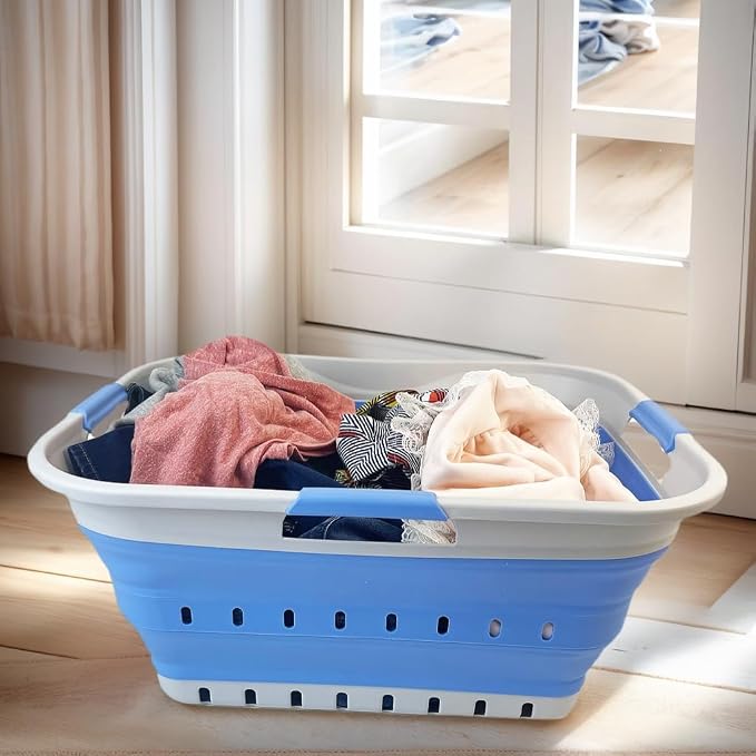 SAMMART 42L (11 gallon) Collapsible Plastic Laundry Basket - Foldable Pop Up Storage Container/Organizer - Space Saving Hamper/Basket (1, Grey/Little Boy Blue) - Image 2