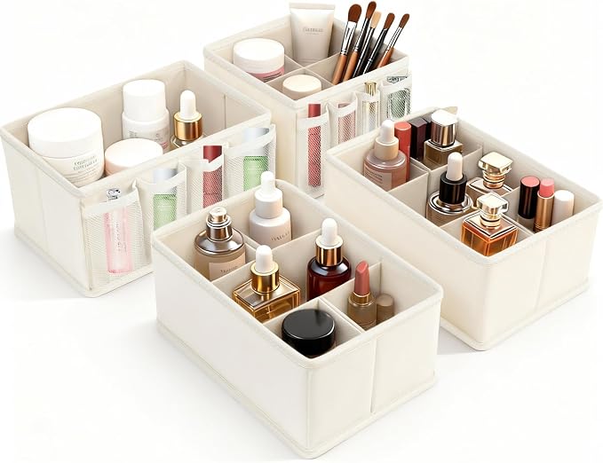VERONLY Cosmetic Storage Bins Makeup Organizer, Adjustable Multifunction Storage Box Desk Drawer Divider for Makeup Brushes, Bathroom Countertop or Dresser, Set of 4 by VERONLY