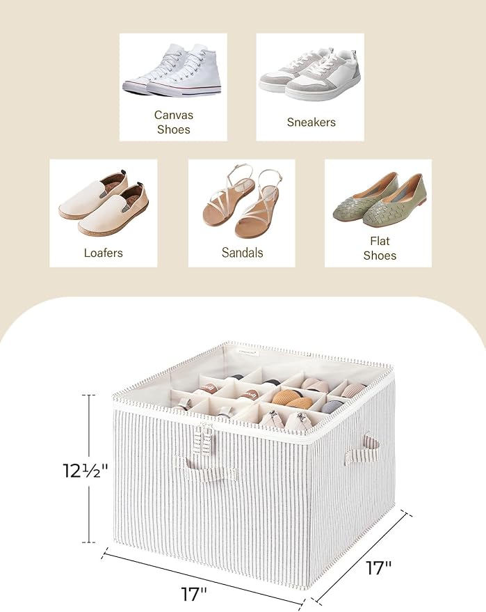 StorageWorks Shoe Organizer for Closet, Fits up to 16 Pairs, Shoe Cubby Storage Containers with Adjustable Dividers and Clear Cover, Khaki and Beige Stripes - Image 3