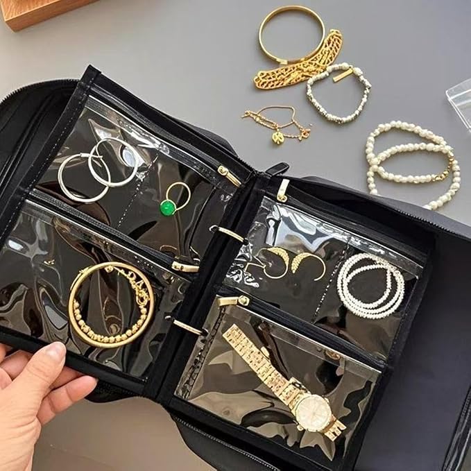 GSXRB Travel Jewelry Organizer Case with Clear Zipper Pouches,3pcs Velvet Jewelry Storage Book Binder, Multi-Layer Inner Pages for Earrings/Rings/Necklace/Bracelet, Compact & Waterproof(Black lining) - Image 3