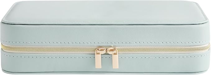 Genuine Leather Travel Jewelry Organizer Case Box with Mirror for Women, Small Mini Portable Jewelry Box for Ring Earrings Necklace Bracelet Luxury Gift for Women（Cyan） - Image 2