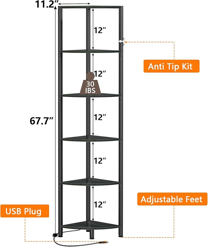 Furnulem 6 Tier Corner Shelf with LED Light, 67.5” Tall Standing Shelf Organizer, Black Narrow Bookshelf with Storage Rack for Wall Corner, Living Room, Bedroom, Metal Frame, Wood Display Shelf - Image 2