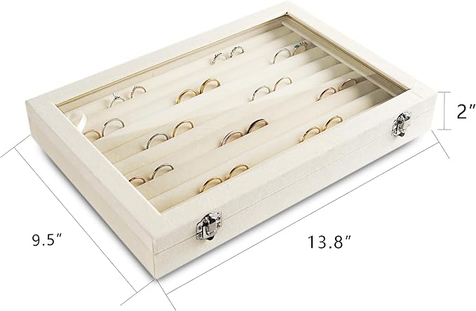 Frebeauty Rings/Earrings Organizer Tray with Clear Lid 10 Slots Velvet Drawer Insert Jewelry Storage box with Glass lid Jewelry Display Case Showcase Gift for Girls Women (Beige, 10 Slots) - Image 3