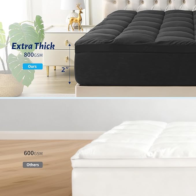 Thick Mattress Topper Full with Deep Pocket, Extra Pillow Top Mattress Pad, Breathable & Cooling Mattress Cover, Fits 8-21 Inch, Soft Support for Back Pain Relief, Mattress Protector (Full, Black)