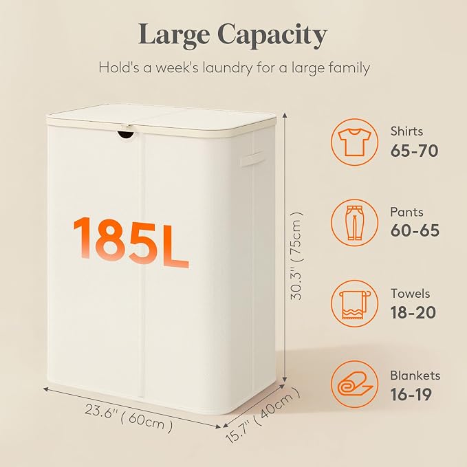 Lifewit 185L Large 3 Section Laundry Hamper with Lid, Plastic Laundry Basket with Bamboo Handles and Removable Bags, Tall Foldable Clothes Hamper for Bathroom Bedroom, White - Image 2