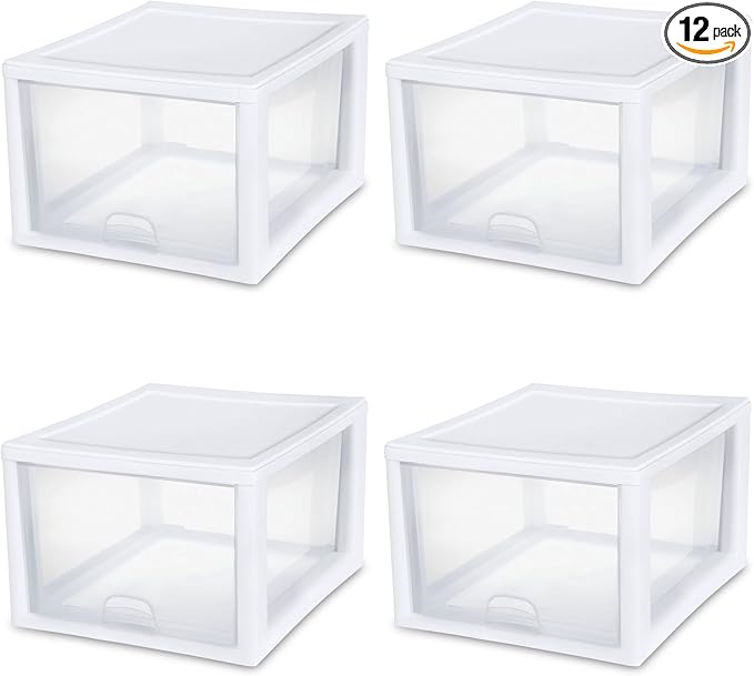 Sterilite 12-Pack 27 Quart Stacking Drawer, Clear Storage Closet Organizer, White Frame - Stackable Modular Plastic Drawers for Clothes, Accessories, Craft Supplies, Shoes or Linens by Sterilite