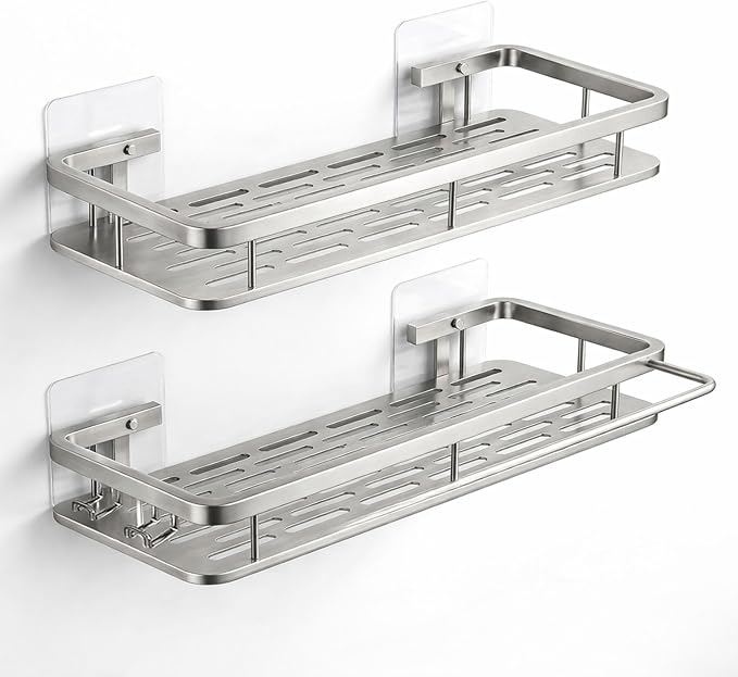 EVALAND Shower Caddy Adhesive 2-Pack with Hooks and Rod for Towels, Silver – Premium Bathroom Shower Shelves, Shampoo Organizer, Bathtub Shelf, Rustproof, Easy Installation, Sturdy Modern Look - Image 8