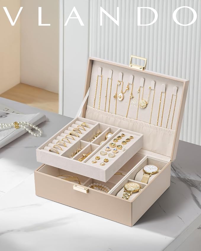 VLANDO Jewelry Organizer,2 Layer Jewelry Box Large Jewelry Organizer for Women Removable Jewelery Tray with Watch Pillow for Necklace Earrings Rings Bracelets (Toffee) - Image 2