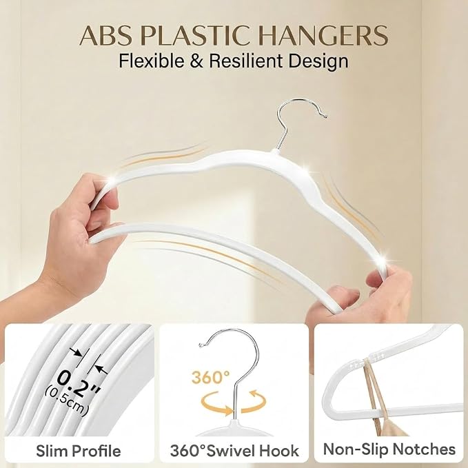 SMARTOR 100 Pack Non-Velvet Plastic Hangers for Clothes - Heavy Duty Coat Hanger - Space-Saving Clothes Hanger with Chrome Swivel Hook, Durable Non-Flocked - White - Image 7