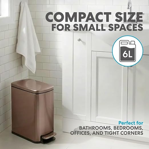 SIMPLI-Magic 6L/1.6G Stainless Steel Bathroom Trash Can with Hands-Free Foot Pedal, Quiet Soft-Close Lid, Compact Space-Saving Size - Image 2