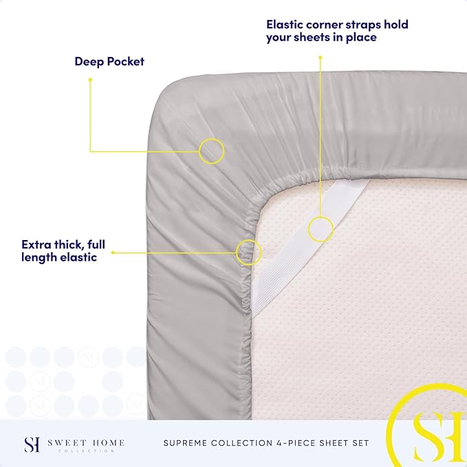 RV Queen Bed Sheets - Breathable Luxury Sheets with Full Elastic & Secure Corner Straps Built In - 1800 Supreme Collection Extra Soft Deep Pocket Bedding Set, Sheet Set, RV Short Queen, Silver