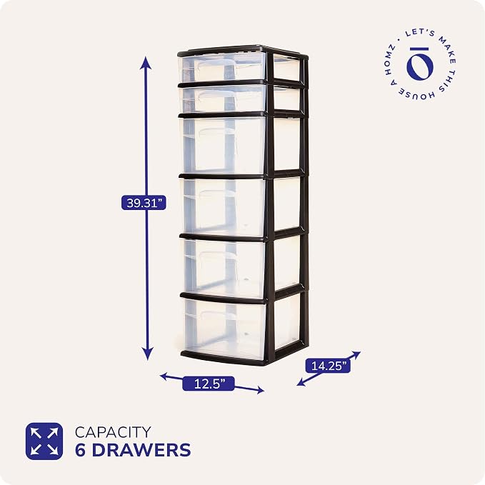 HOMZ Drawer Tower, 6-Tier Clear Plastic Storage Organizer Cart, Black Frame - Heavy-Duty Organizing Drawers for Home, Bedroom, and Closet Organization - Image 2