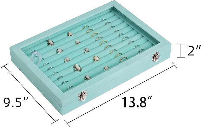 Frebeauty Rings/Earrings Organizer Tray with Clear Lid 10 Slots Velvet Drawer Insert Jewelry Storage box Transparent Glass lid Jewelry Display Case Showcase Gift for Girls Women (Turquoise, 10 Slots) - Image 2