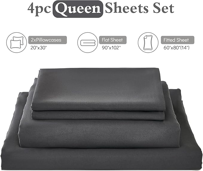 ILAVANDE Grey Sheets Set,Super Soft Microfiber Bed Sheets Set-Wrinkle Free & Breathable-14 Deep Pocket Queen Size Sheets (Dark Gray, Queen)