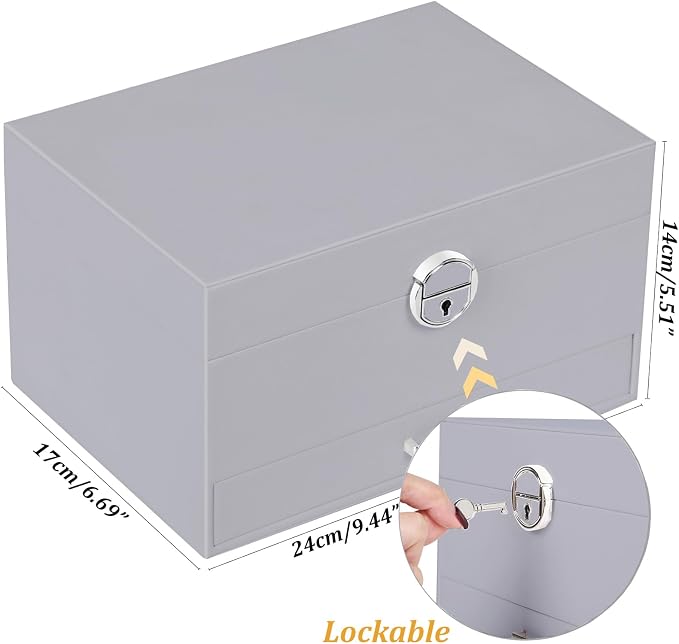 QBestry Earring Jewelry Box for Women Girls Stud Organizers, 5 Layers Grey Jewelry Organizer Box with Lock Necklaces and Earrings Holder Jewelry Box with Earring Organizer for Women Girls Xmas Gifts - Image 9