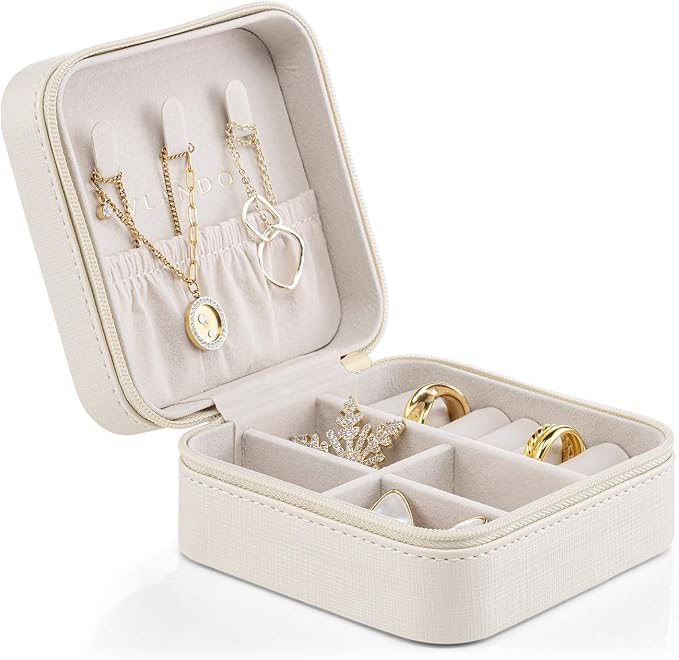 VLANDO Small Travel Jewelry Box Organizer Display Case for Girls Women Gift Rings Earrings Necklaces Storage, Beige by VLANDO