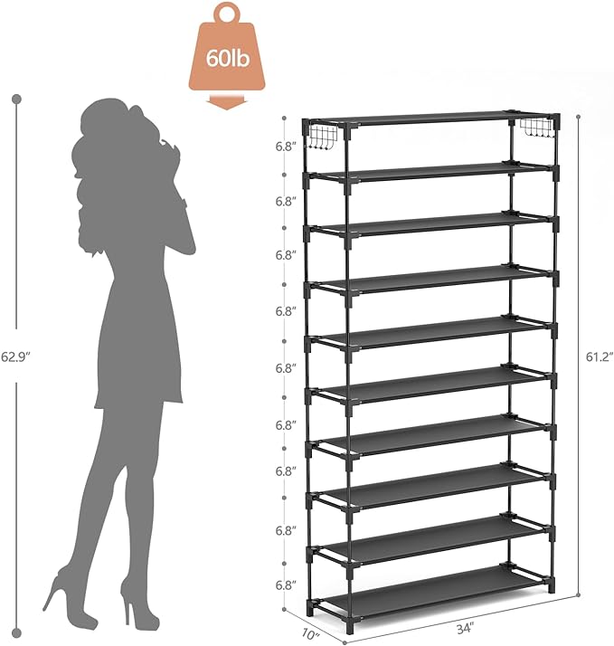 LANTEFUL 10 Tiers Shoe Rack 50 Pairs Large Capacity Tall Shoe Organizer Sturdy Shoe Storage with Two Hooks Space Saving Metal Wide Shoe Rack for Closet, Entryway, Bedroom, Black - Image 3