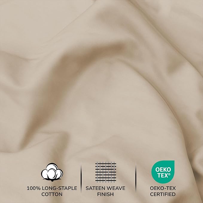 Feather & Stitch 500 TC Twin Size 3pc Damask Bed Sheet Set, 100% Soft Cotton Breathable Bedsheets, 18" Deep Pockets Sateen Weave Solid Bedding Mattress Resort Hotel Luxury Decor - (Champagne Beige)