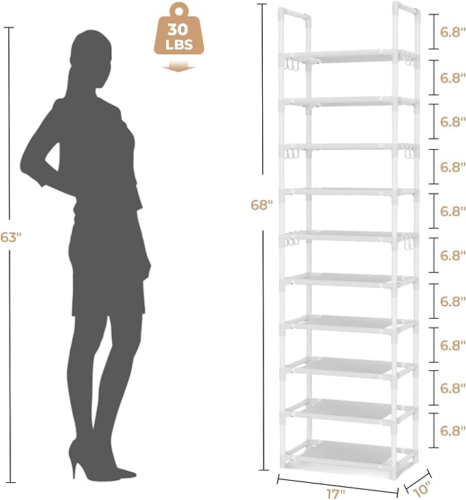 VTRIN 10 Tiers Tall Shoe Rack Holds 20-25 Pairs of Shoes Sturdy Vertical Shoe Organizer with 18pcs Hooks Stackable Narrow Shoe Rack for Closet, Entryway White - Image 3