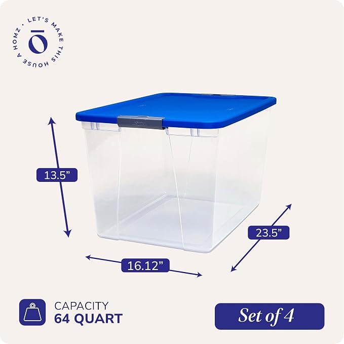 HOMZ 4-Pack Secure Latch, Clear Plastic Storage Organizer Bins, 64 Quart, Blue Lid - Stackable Container Boxes for Bedroom, Bathroom, Garage, and Office Organization - Image 4