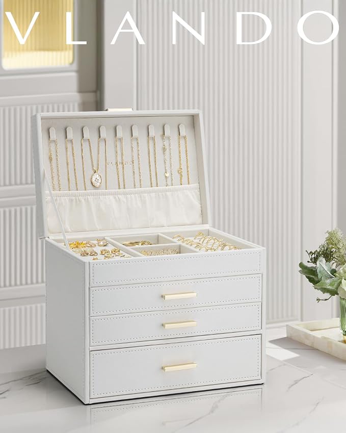 VLANDO 4 Layer Large Jewelry Box - Jewelry Holder Organizer, Jewelry Box Organizer for Drawer Necklace Ring Bracelet and Watch, Birthday Gift for Loved Ones - White - Image 7