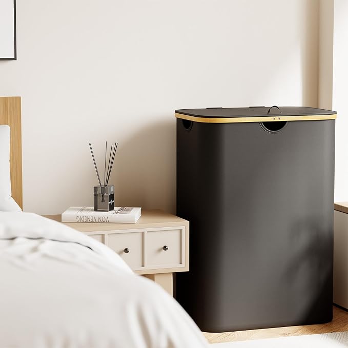 SpaceAid Double Laundry Hamper 2 Section with Lid and Removable Laundry Bags, 160L Clothes Basket with Bamboo Handles, Large Collapsible Hamper for Bedroom, Bathroom, Dorm, Laundry Room - Black - Image 6