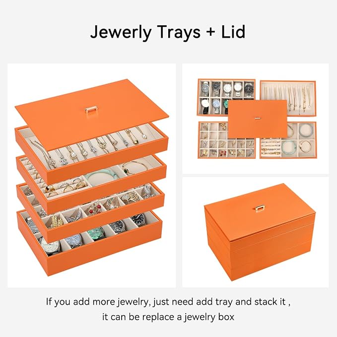 Voova Stackable Jewelry Organizer Tray with Lid, PU Leather Jewelry Storage Holder for Drawer Inserts, Jewellery Display Box Case for Earring Necklace Ring Watch Bracelet (Set of 4, Orange) - Image 3